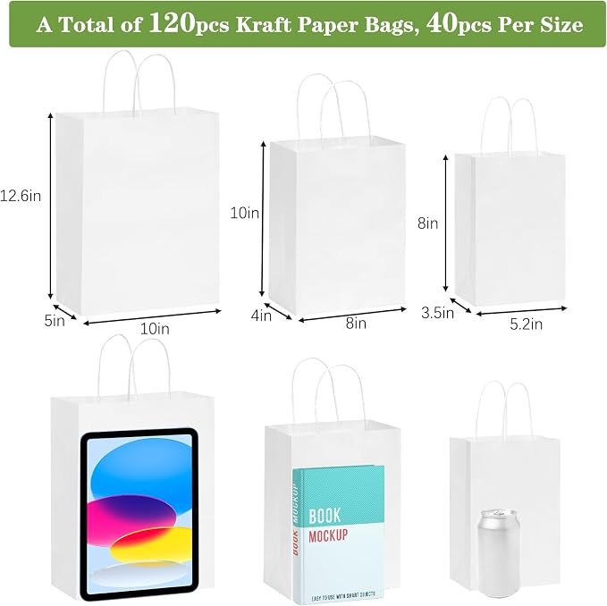 OUTUXED 120pcs Paper Bags with Handles Assorted Sizes Kraft White Bags | White Paper Gift Bags with Handles Bulk 3 Mixed Sizes for Retail, Party, Birthday, Gift, Shopping, Business, Merchandise - Image 2