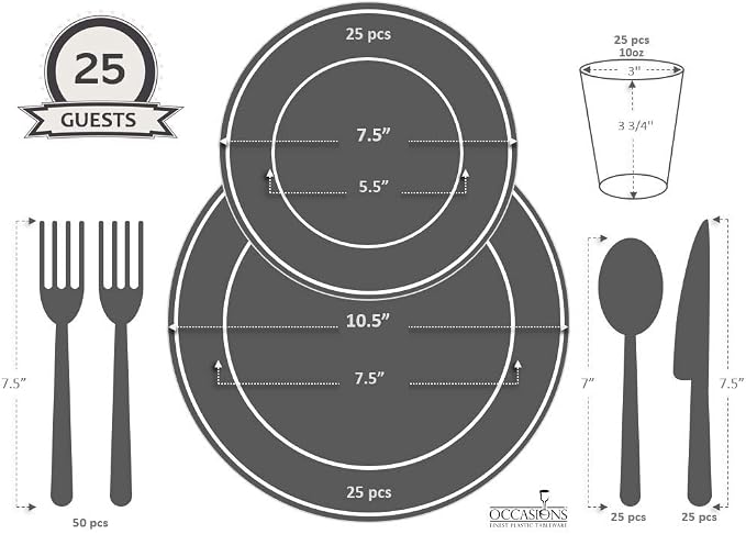 " OCCASIONS " 200pcs set (25 Guests)-Heavyweight Wedding Party Disposable Plastic Plate Set -25 x 10.5'' + 25 x 7.5'' + Silverware + Cups + Napkins (Sundance in White & Gold) - Image 7