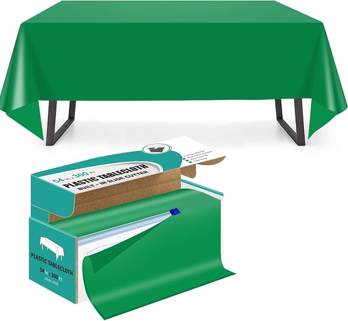 54 Inch x 300 Feet Green Plastic Tablecloth Roll Disposable Table Cloth with Cutter Box Plastic Table Cover for Party by Unknown