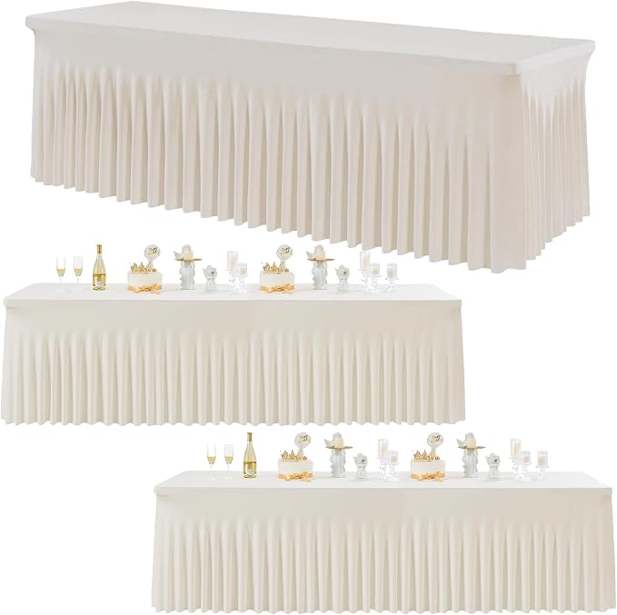 3 pk Ivory Spandex Table Clothes for 8 Foot Rectangle Tables, Stretch Table Cloths 8 ft Fitted Table Cover Desk Skirt for Parties Weddings Birthday Banquet Baby Shower by Htper