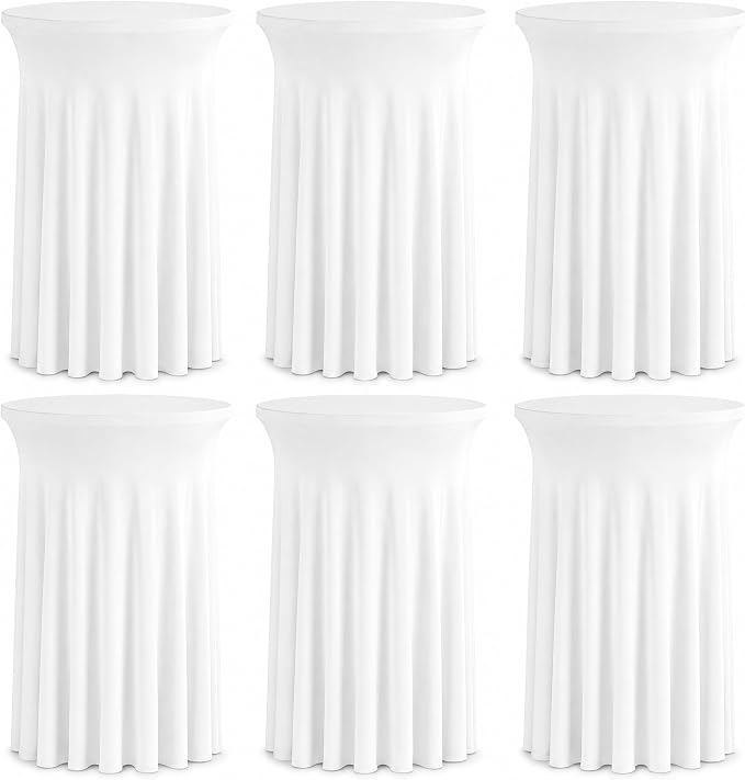 Fivenl 6 Pack Round Cocktail Tablecloth 32"x 43" Spandex Cocktail Table Skirt, Washable Stretch Fitted Table Covers for High Top Bar,Wedding,Party,Events (White) by Fivenl