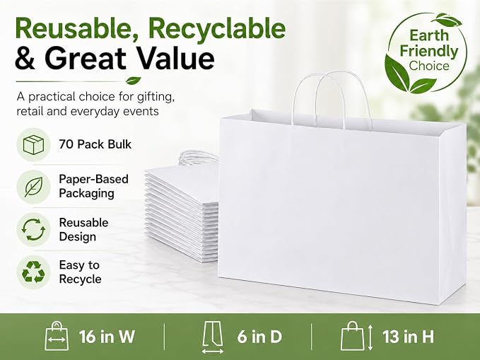 Large Kraft Paper Bags with Handles Bulk for Shopping,70 Pack,White | 16x6x12 Inch,120GSM,Thick,Durable,8LB Load,Heavy Duty for Retail ,event,boutiques,corporate gifts,wedding,party - Image 7