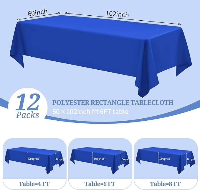 Pesonlook 12 Pack Royal Blue Rectangular Tablecloth 60 x 102 Inch for 6ft Tables - Image 3