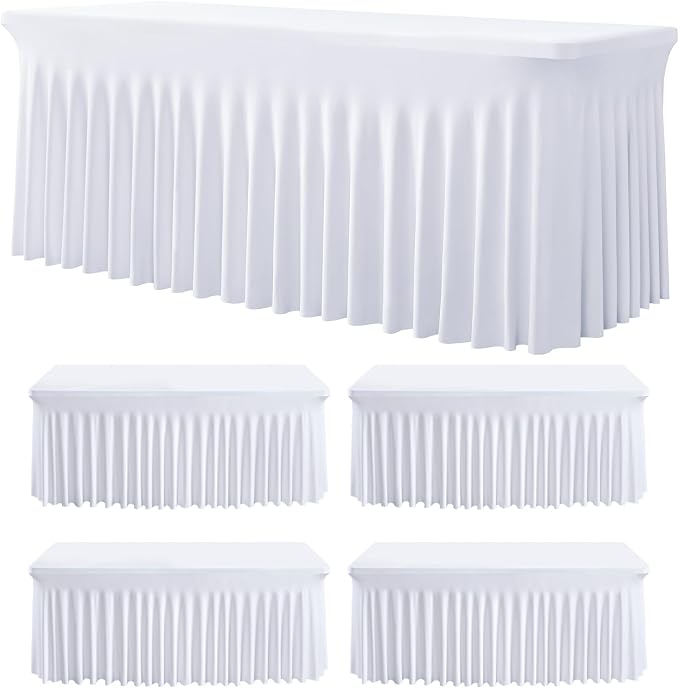 5Pack Spandex White Tablecloth for 6 Foot Rectangle Tables, Wrinkle Free Stretch Table Cloths 6ft Fitted Table Cover Desk Skirt for Parties Weddings Birthday Banquet Baby Shower by Htper