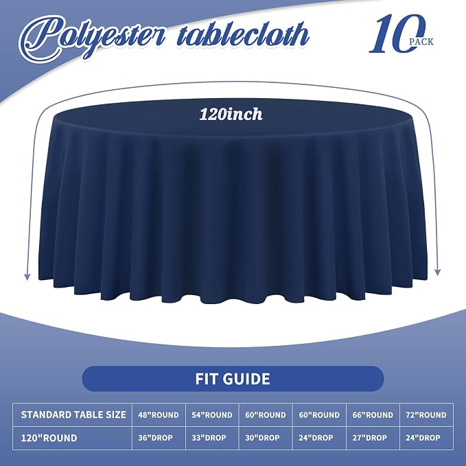 Teruntrue 10 Packs Premium Round Tablecloth 120 Inch Navy Blue Polyester Table Cloth Bulk Washable Fabric Tablecloths Cover for Wedding Party Banquet Buffet Holiday Dinner (120 Inch) TC534H - Image 2
