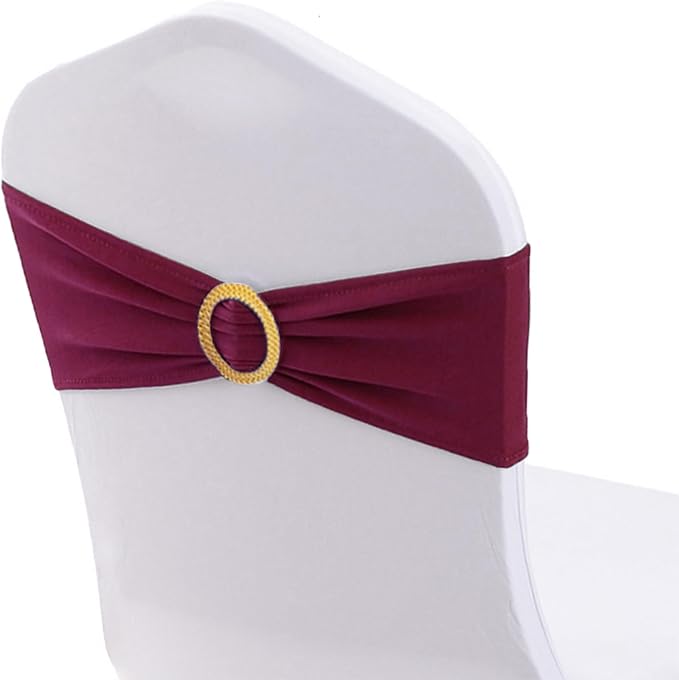 Pack of 50 Spandex Dark Burgundy Chair Sashes with Gold Buckles, Stretch Chair Bands Bows for Wedding Party Baby Shower Decor - Image 2