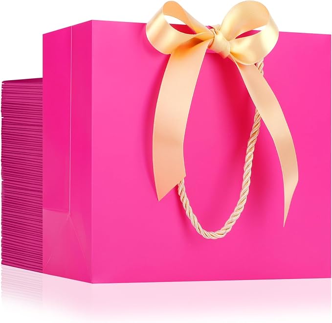 EUSOAR Paper Bags with Handle, 50pcs 8.6"x3.9"x7" Heavy Duty Hot Pink Thank You Gift Bags with Bow Ribbon Handle, Gift Treat Party Favor Paper Bags Bulk for Merchandise Shopping Wedding Birthday by EUSOAR