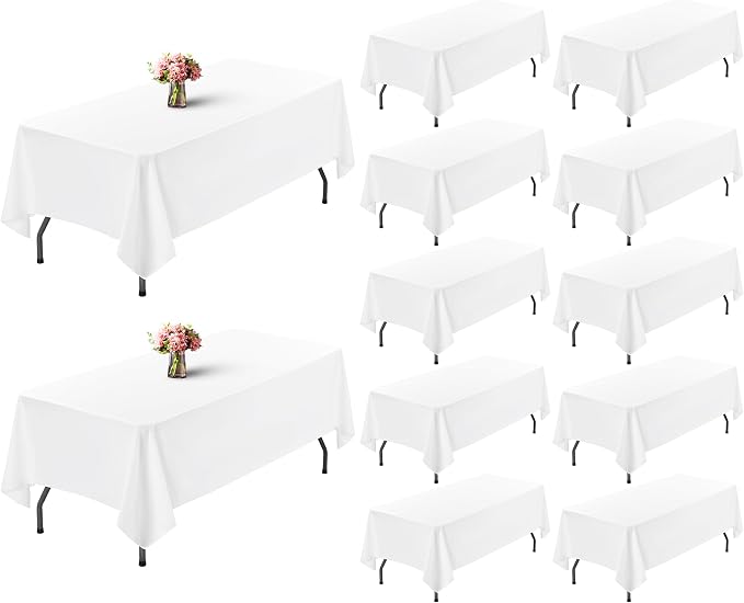 Showgeous 12 Pack White Polyester 60x102 Inch Tablecloths | Soft polyester, wrinkle resistant, fade resistant, smooth finish, fine stitching, folded hems, reusable, machine washable by Showgeous