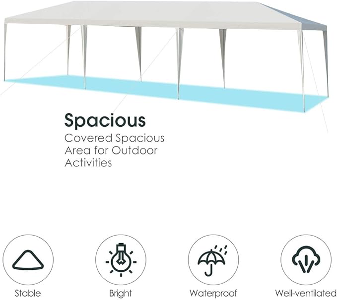 Moccha 10’ x 30’ Outdoor Gazebo Canopy, Wedding Gazebo Tent Shelter w/Heavy-Duty Stakes & Wind Ropes, Waterproof Sunshade Shelter for Wedding, Party, Camping (White)
