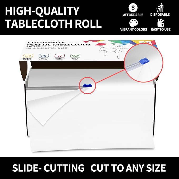 CXPSINC 54 Inch X 300 Feet Plastic Table Cover Roll Disposable Tablecloth with Slide Cutter for All Type/Shape Tables | Party, Banquet, Birthdays, Weddings(White, 300 Feet) - Image 4