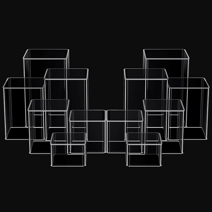 Thyle Jewelry Acrylic Risers Square Cube Display Nesting Risers Figure Stand with Hollow Bottoms Display Stand Shelf for Cosmetics Food Collectibles Perfume, 6 Sizes(Clear,12) by Thyle