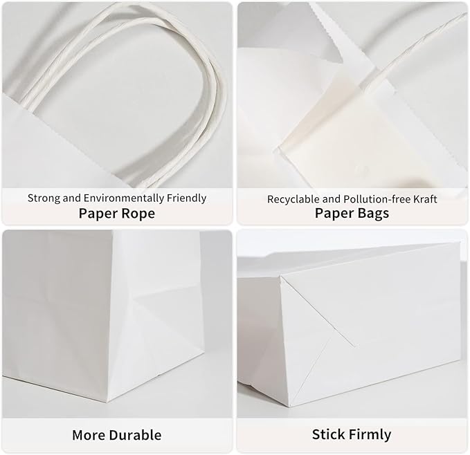RACETOP White Gift Paper Bags 100 Pack 8x4.5x10.8 in Medium with Handles | Recycled Kraft Paper, Medium Size, Reinforced Handles, for Groceries, Retail, Party Favors, Takeouts, Eco-Friendly - Image 3