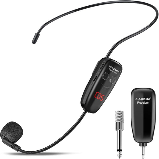 XIAOKOA Wireless Microphone Headset, UHF Head Mic Speaker System, Professional Voice Amplifier Headset Microphones, with LED Digital Display, for Teaching Fitness Instructor Tour Guide
