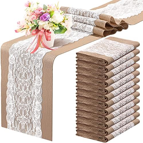 Tatuo 12 Pieces Burlap Table Runners with Lace 12 x 108 Inch Long Rustic Jute Natural Hessian Burlap Table Runner for Farmhouse Style Country Vintage Wedding Party Dinner Decoration by Tatuo