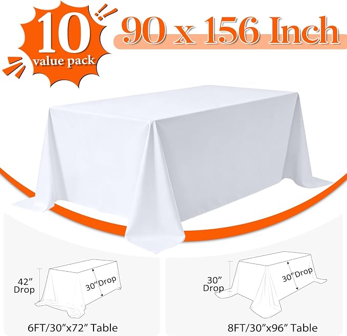 10 Pack White Rectangle Table Cloth 90 x 156 Inch for 8 Foot Tables | Wrinkle Resistant, Washable Rectangular Table Cloth, Polyester Fabric, For Party Banquet Wedding Buffet - Image 2