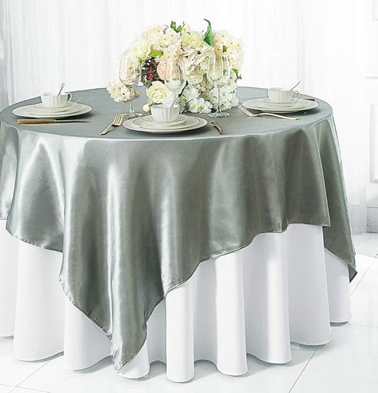 (2 PCS 54" Square Satin Table Overlays Toppers Tablecloths Table Overlay Cover Linens for Wedding Decoration Party Banquet Events - Silver/Gray
