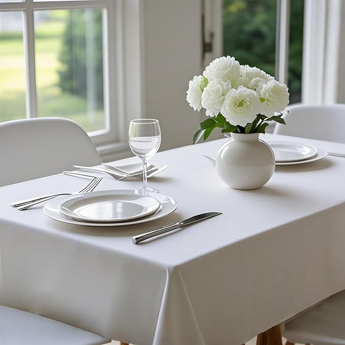 MRJ 60 x 102 Inch White Rectangle Polyester Table Cloth Machine Washable Wrinkle Resistant Fabric for Banquet Indoor Outdoor Use - Image 5