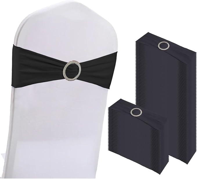 WJWHQ 100PCS Spandex Stretch Chair Sashes Bows Elastic Chair Cover Bands Ties with Buckle Slider for Wedding Party Reception Events Universal Ceremony Banquet Decorations(Black) by WJWHQ