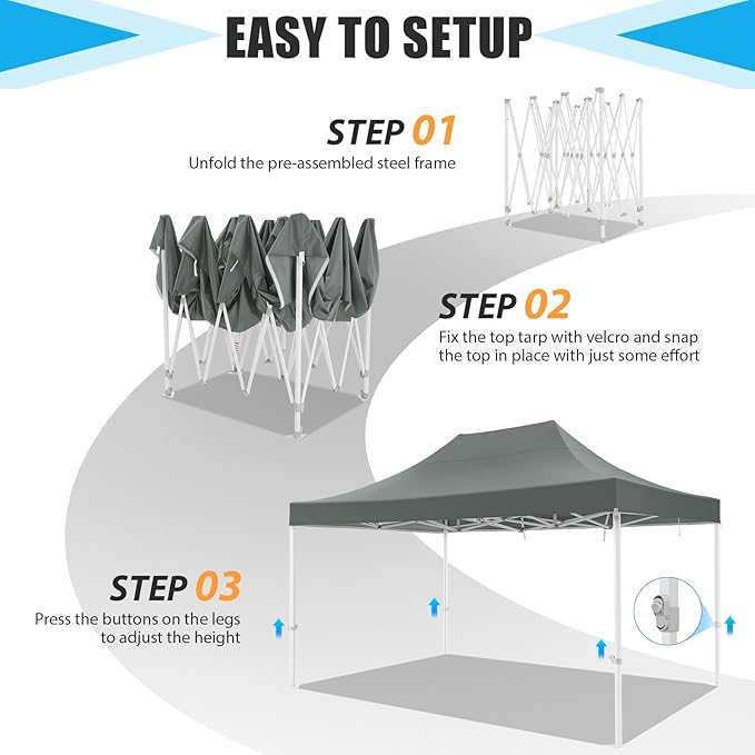 Cobizi Heavy Duty 10x15 Pop Up Canopy Tent Without sidewall, Easy Up Canopy Outdoor for Backyard Party Wedding, Instant Commercial Tent with Roller Bag, Waterproof UV 50+ (Upgraded Legs), Gray