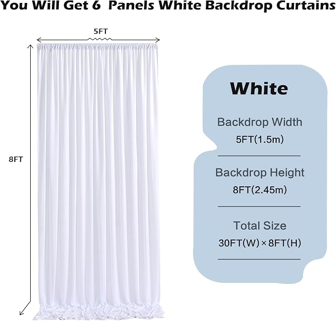 30ft x 8ft Wrinkle Free White Backdrop Curtains for Weddings Parties, 6 Panels 5x10ft Soft Silky Polyester White Photo Backdrop Drapes Back Drop Cloth for Birthday Christmas Photography Background - Image 2