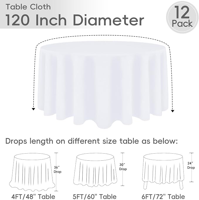 12 Pack White Round Tablecloth 120 Inch | For 4Ft-7Ft Round Table, Wrinkle Resistant Table Cloth, Washable Polyester Fabric, For Wedding Party Banquet Buffet Camping - Image 3