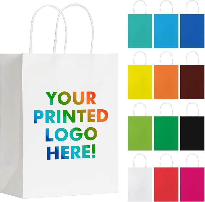 RACETOP 50/100 PCS Custom Kraft Paper Bags with Logo for Small Business, 8x4.5x10.8 Inch Medium Size, Personalized Gift Bags, Brown Shopping Paper bag with Handle Bulk, White Goodie Bag by RACETOP