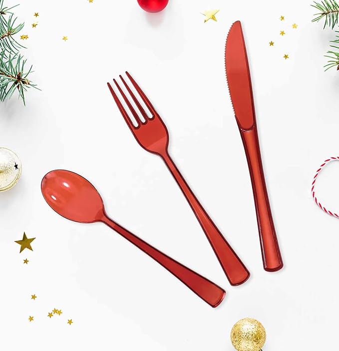 HEIPINIUYE 75 Pack Red Clear Plastic Cutlery Heavy Duty Clear Red Plastic Knives Forks and Spoons Disposable Silverware Set for 25 Guest Birthday Baby Shower Christmas Party Utensil Set