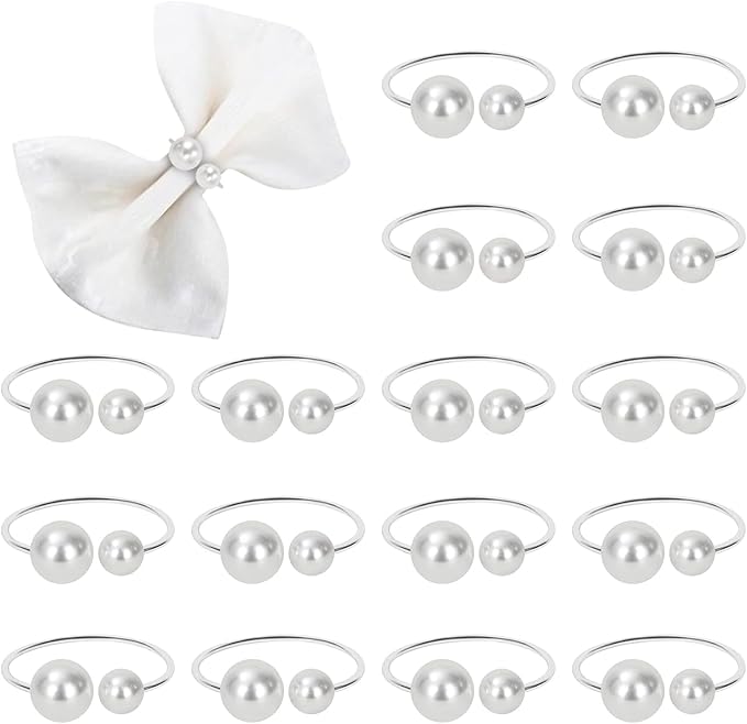 KPOSIYA Pearl Napkin Rings - Set of 50 Silver Napkin Holder Table Napkin Buckles for Dinning Table Setting Christmas Wedding Party Supplies (Silver 50)