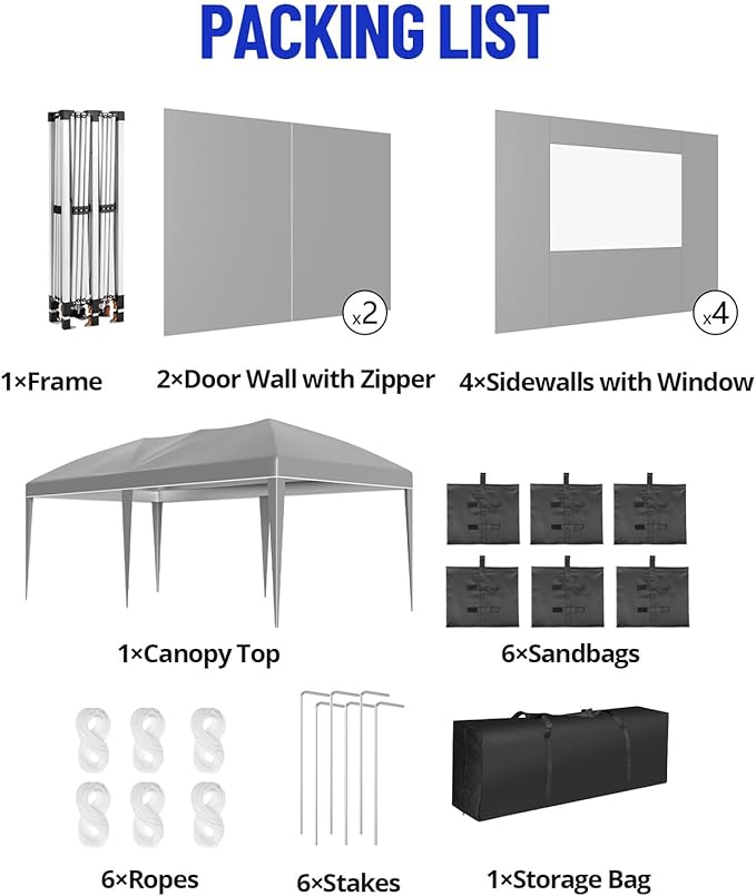 10X20FT Pop Up Wedding Party Tent with 6 Sidewalls, Heavy Duty Commercial Outdoor Canopy All Season Wind & Waterproof Canopy Gazebo with Storage Bag, Gray