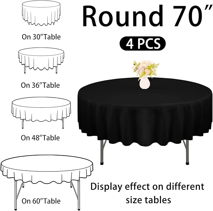 4 Pack Round Tablecloth 70 Inch Black Polyester Washable Decorative Fabric Table Covers for Wedding Dining Table Buffet Parties Banquet Decor - Image 2