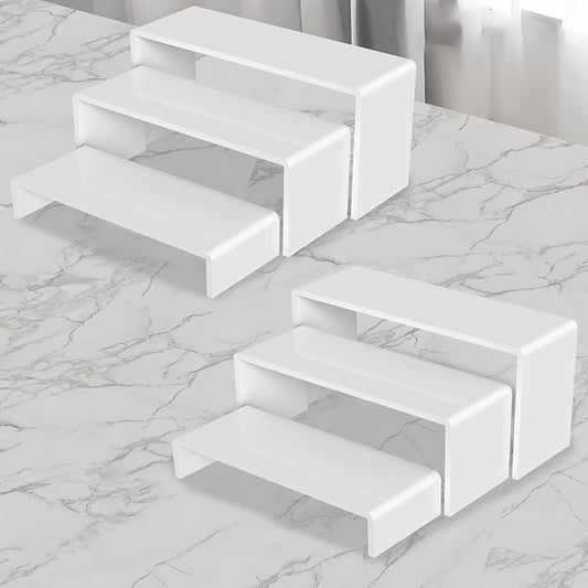 6 PCs Risers Display Stands 3 Tiers Desktop Acrylic Shelves Cake Dessert Holder Products Stand for Collectibles Shoes Jewels Pop Figure (White)