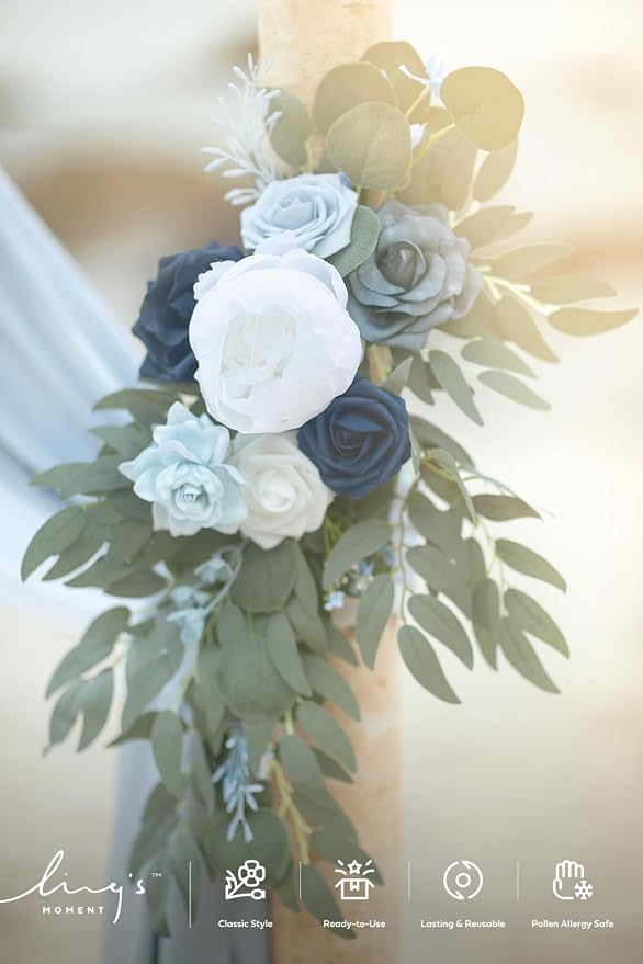 Ling's moment Wedding Arch Flowers with Drapes, Dusty Blue | Pack of 4, 2pcs Hanging Floral, 2pcs Chiffon Drape, Artificial, Ceremony Spring Fake Silk Rose Arbor Backdrop Floral Swag - Image 4