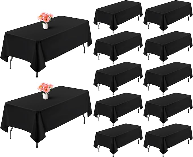 Showgeous 12 Pack Black Polyester 60x102 Inch Tablecloths | Soft polyester, wrinkle resistant, fade resistant, smooth finish, fine stitching, folded hems, reusable, machine washable by Showgeous