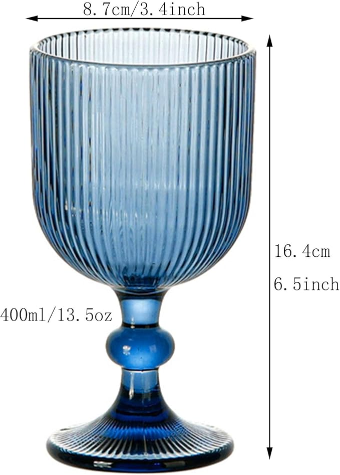 Blue Glasses Drinking Water Goblets set of 6 Big Vintage Glassware 13oz Colored Wine Glasses for Wedding Party Bar Vertical Line Embossed Pattern Stemmed Cups 400ml
