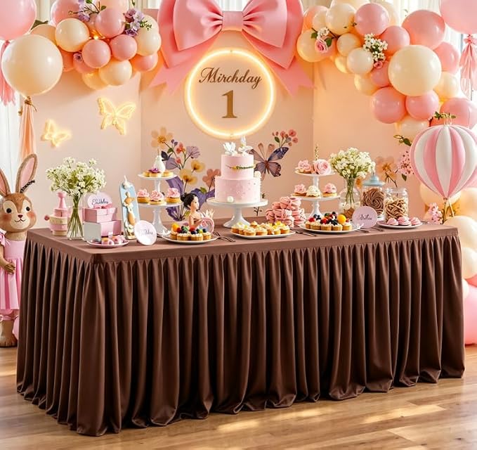 Chocolate Polyester Table Cloths for Rectangle 8 Foot Tables, 2 Pack Wrinkle Free Tablecloths Stretchy Banquet Ruffle Fitted Table Cover Desk Skirt for Parties Wedding Birthday Baby Shower - Image 3