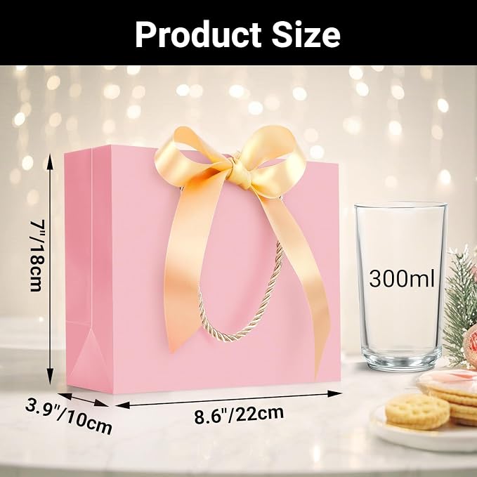 EUSOAR Pink Gift Bags, 12pcs 8.6"x3.9"x7" Thank You Gift Paper Bags with Bow Ribbon Handle, Small Shopping Party Favor Gift Treat Candy Bags Bulk for Wedding Guests Bridal Birthday - Image 2