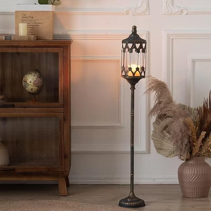 Vintage Floor Candelabra - 41" Tall Antique Gold Candle Holder with Glass Lantern, Rustic Gothic Metal Pillar Stand for Home Decor, Wedding & Event Centerpiece