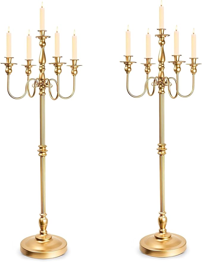 Gold Candelabra for Wedding Event Decor, 50'' Tall Floor Candle Holders, 2 Pcs Metal 5 Arm Centerpiece Decorations for 5 Candlesticks Party Wedding Aisle Home Decor