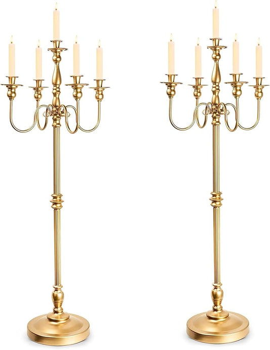 Gold Candelabra for Wedding Event Decor, 50'' Tall Floor Candle Holders, 2 Pcs Metal 5 Arm Centerpiece Decorations for 5 Candlesticks Party Wedding Aisle Home Decor