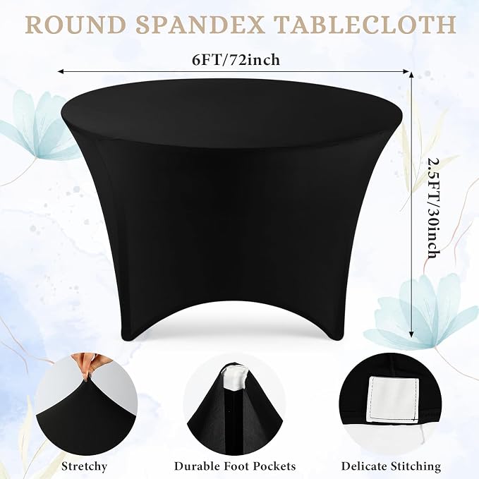 Preboun 8 Pack 72 Inch/ 6 FT Spandex Round Tablecloth Black Fitted - Image 2