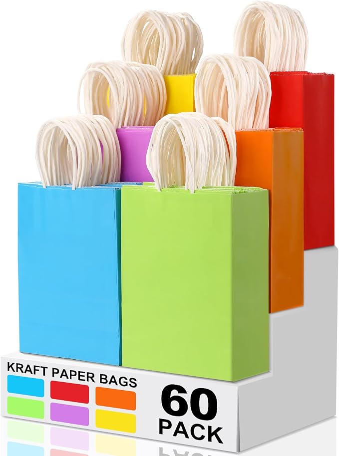 XPCARE 60Pcs Paper Gift Bags 6.3x3.15x8.66'' Kraft Paper Party Favor Bags | Bulk Rainbow Goodie Bags Small Gift Bags with Handles for Kids Birthday Baby Shower Crafts Wedding Party Supplies by XPCARE