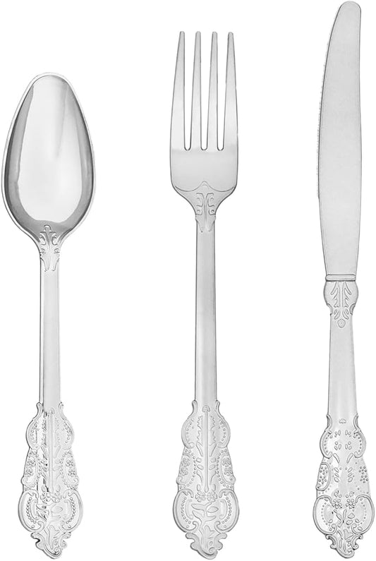 Goodluck 150 Pack Silver Plastic Silverware Set – Heavy Duty Disposable Cutlery, Includes 50 Forks, 50 Spoons, 50 Knives, Elegant Vintage Design for Weddings, Parties, Thanksgiving, and Daily Use