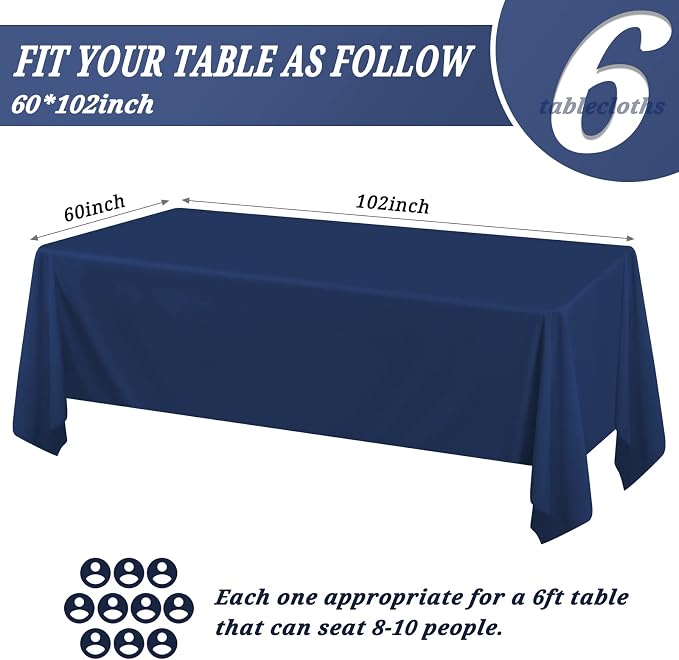 Pesonlook 6Pack Navy Blue Tablecloths for 6 ft Rectangle Tables, 60 x 102 Inch Rectangle Table Cloth Polyester Fabric Washable Table Cloth for Wedding Reception Banquet Party Restaurant - Image 2