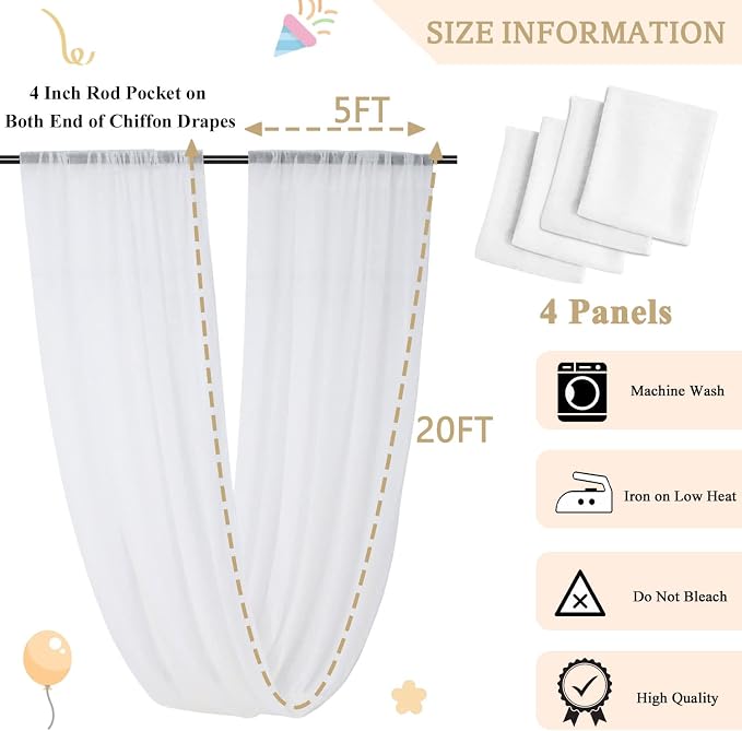 MODFUNS 4 Panels Wedding Ceiling Drapes White Sheer Arch Draping Fabric 5FTx20FT Chiffon Ceiling Drapery Curtain Sheers Chiffon Backdrop Curtains Wedding Archway Drape for Reception Ceremony Decor - Image 3