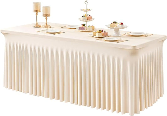 1 Pack Light Champagne Table Clothes for 8 Foot Rectangle Tables, One-Piece Wrinkle Resistant Stretch Spandex Table Covers with Skirt for Event Banquet Wedding Birthday Party by PartyTalk