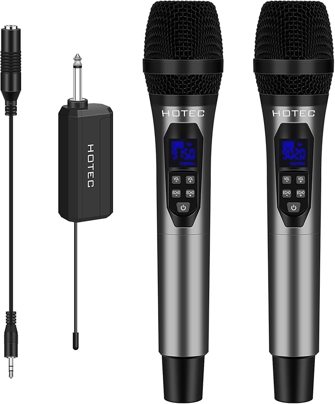 HOTEC Wireless Microphones Dual UHF Handheld Mic System with Echo/Volume Control, Rechargeable Receiver for Karaoke Church Wedding Party Speech, Compatible PA System, Karaoke Machine, and Mixer