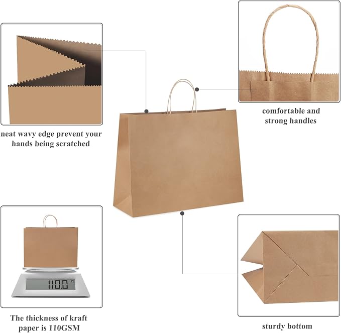 GSSUSA Brown Paper Bags with Handles, Large Gift Bags 16x6x12 Inch, 25 Pack | Sturdy Kraft Shopping Bags for Small Business, Grocery, Food Service, Takeout, Boutique, Retail, and Gift Packaging. - Image 3