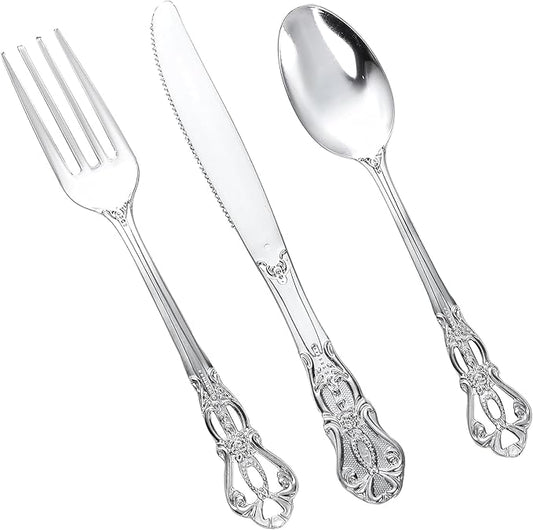 150PCS Silver Plastic Silverware - Heavy Duty Silver Disposable Cutlery - Fancy Plastic Utensils Flatware Include 50 Forks, 50 Spoons, 50 Knives for Catering, Parties, Dinners, Weddings