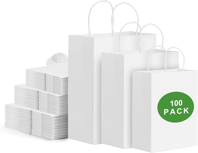 Landteek Fine 100pcs White Kraft Paper Bags with Handles Mixed Size Gift Bags Bulk,Craft Grocery Shopping Retail Birthday Party Favors Wedding Sacks Restaurant Takeout, Business by Landteek+Fine