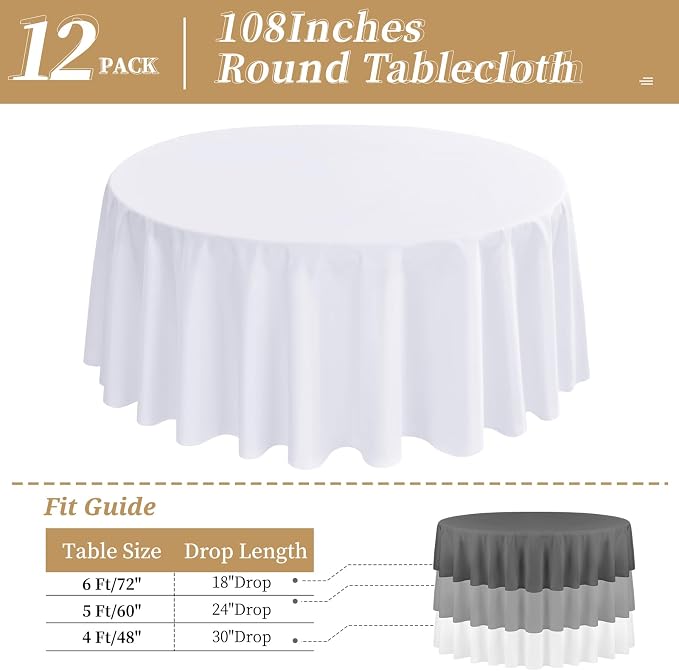12 Packs 108 Inch White Round Polyester Tablecloths | Table Cover for Round Tables, Stain and Wrinkle Resistant Washable Table Cloth, Perfect for Wedding Banquet Parties - Image 2